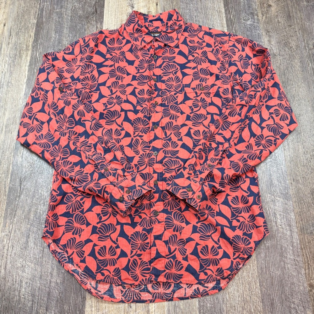 Reyn Spooner Shirt Mens Large Red Navy Hibiscus Floral Linen Blend Roll Tab L